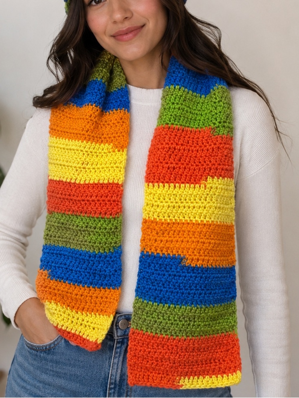 Handmade Rainbow Crochet scarf | Colorful Striped Winter scarf | Unisex